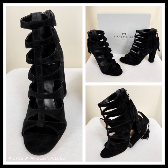MARC FISHER BLACK CAGED SUEDE ANKLE STRAP HEELS - Picture 2 of 8